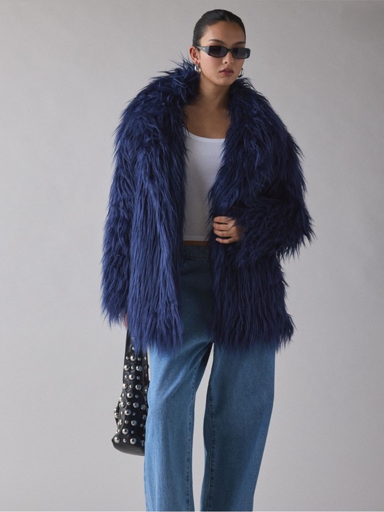 Azalea Wang Jackets & Blazers - Azalea Wang Breckenridge Blue Faux Fur Coat Medium NWT Long Shaggy Plush Y2K